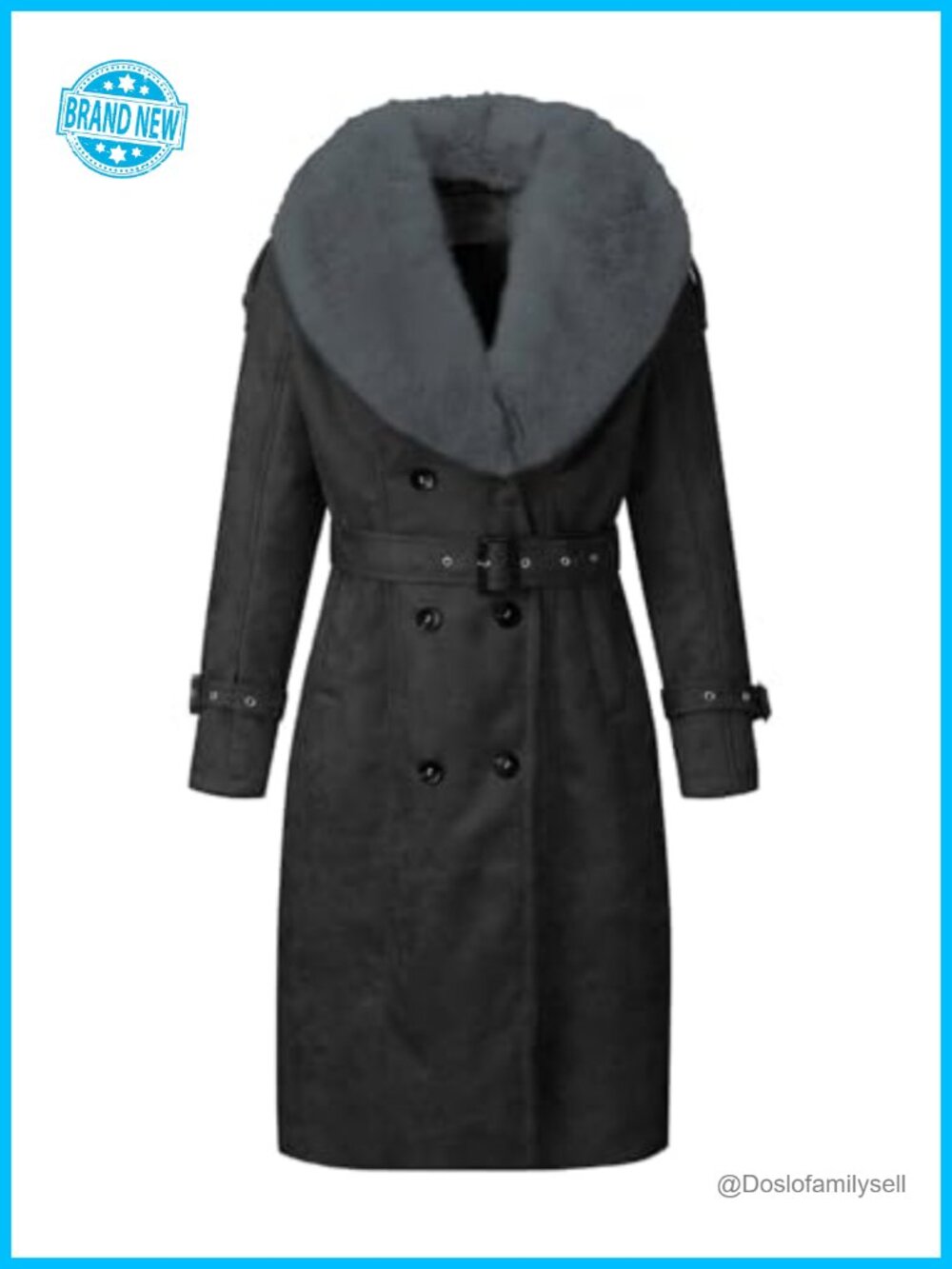 Faux Leather Puffer Jacket Faux Fur Collar Belt Double-Breasted Winter Coat